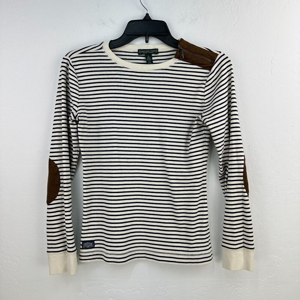 Vintage Lauren Jeans Co Top S Cream Blue Striped Elbow Patch 90s Ralph Lauren - Picture 1 of 7